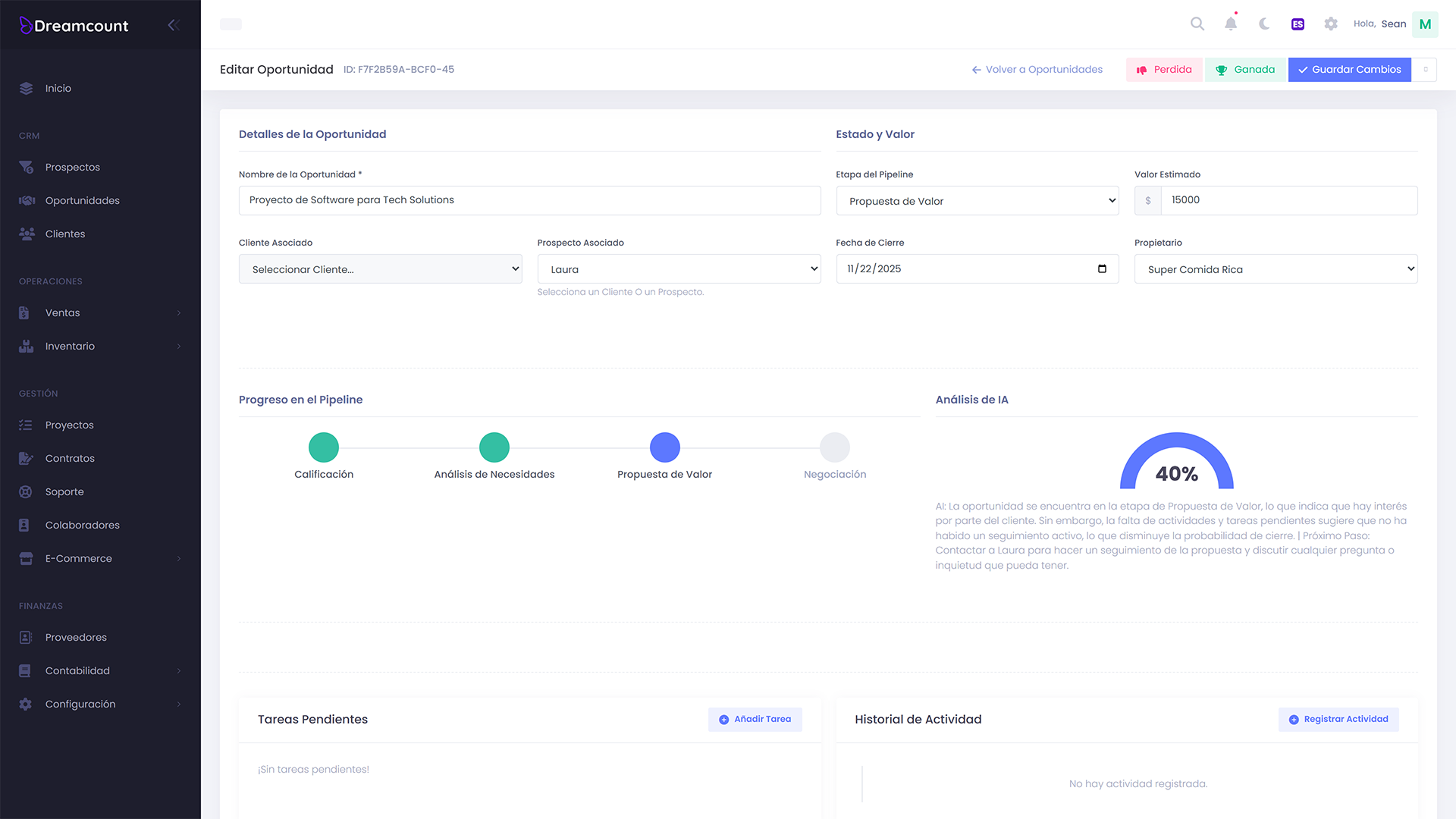 Dreamcount CRM Pipeline Dark Mode